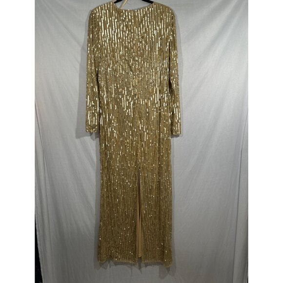 NWT $598 Mac Duggal [ 12 ] Sequined Long Sleeve V Neck Beaded Fringe Gown Gold‎ - Picture 12 of 15